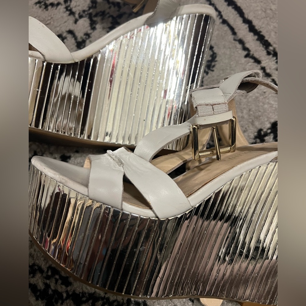 Enzo Angiolini Size 7, white with silver wedge heels
